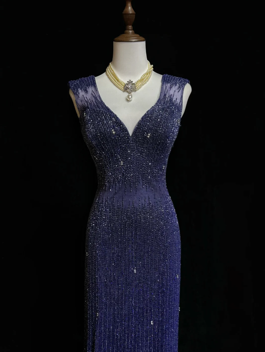 Gorgeous V Neck Dark Purple Tulle Beaded Mermaid Long Evening Dress Backless Prom Gown SP1963