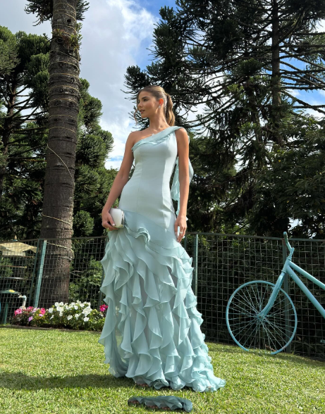 Classy Blue One Shoulder Ruffles Long Wedding Guest Dress Party Dress SP988