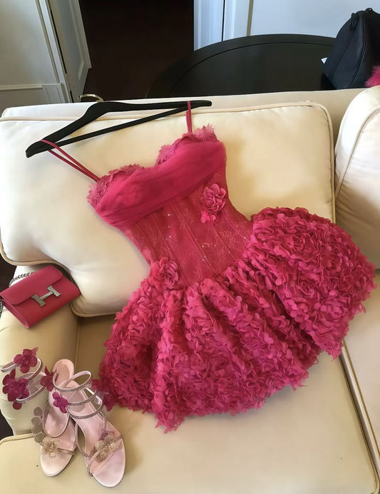 Pretty Pink Tulle Pleated Floral Short Homecoming Dress,Spaghetti Straps A Line Short Prom Dress SP3063
