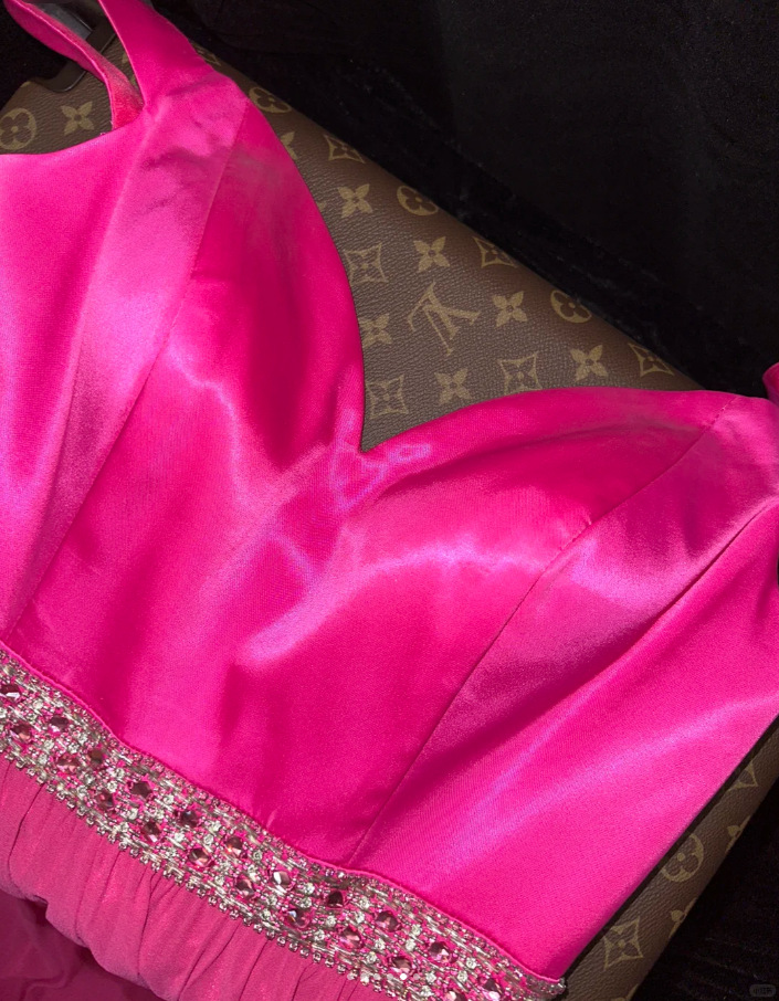 Pretty V Neck Hot Pink Chiffon Satin Beaded Mermaid Party Dress Long Wedding Guest Dress SP758