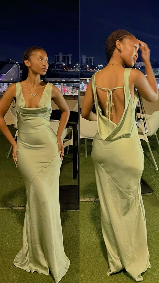 Sexy Sage Green Satin Mermaid Long Party Dress Backless Prom Gown SP2957
