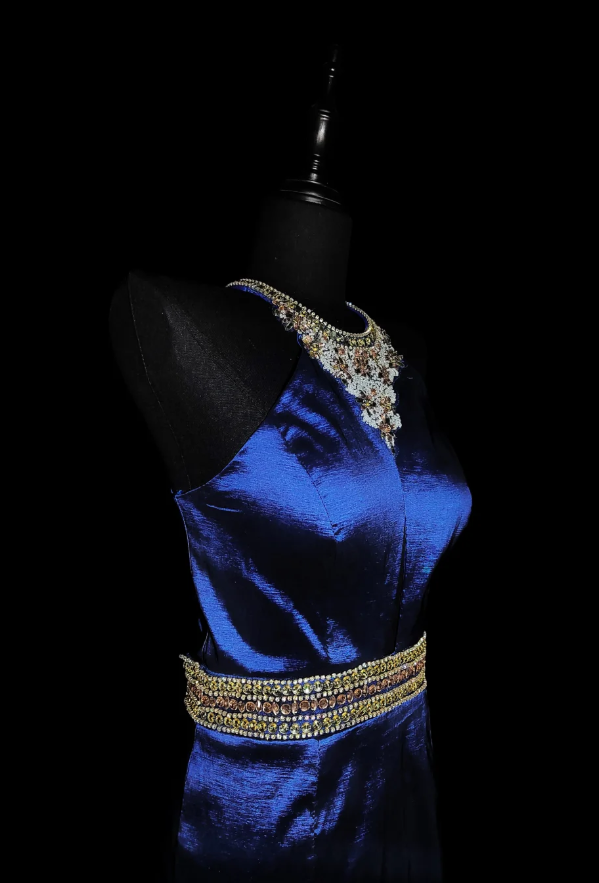 Gorgeous Navy Blue Satin Beaded Mermaid Prom Dress Backless Long Evening Dress SP436