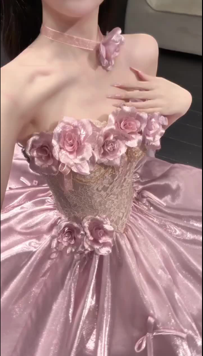 Glamorous Pink Strapless Satin Lace Long Prom Dress Party Gown With 3D Flowers SP2176