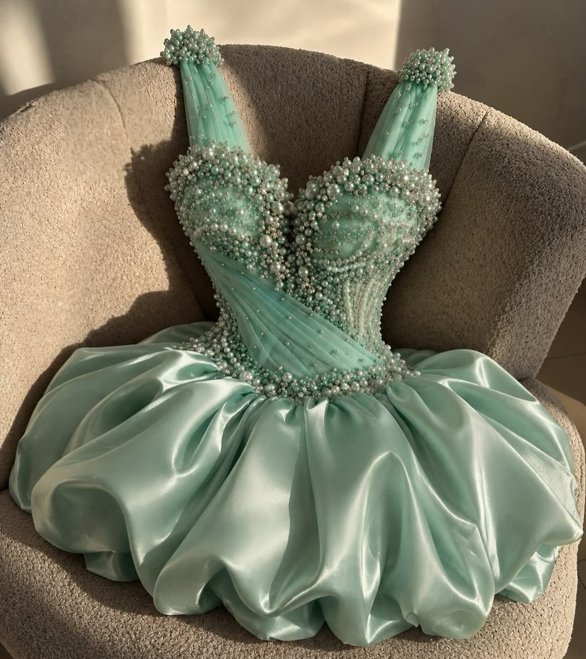 Elegant Satin Tulle Pearls Green A Line Short Homecoming Dress Cocktail Dress SP4056