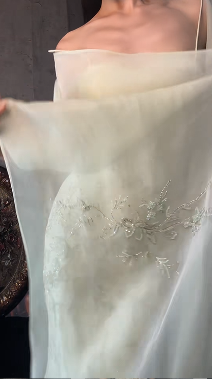 Classy Light Green Spaghetti Straps Tulle Beaded Mermaid Prom Dress Long Birthday Party Dress With Scarf SP1252