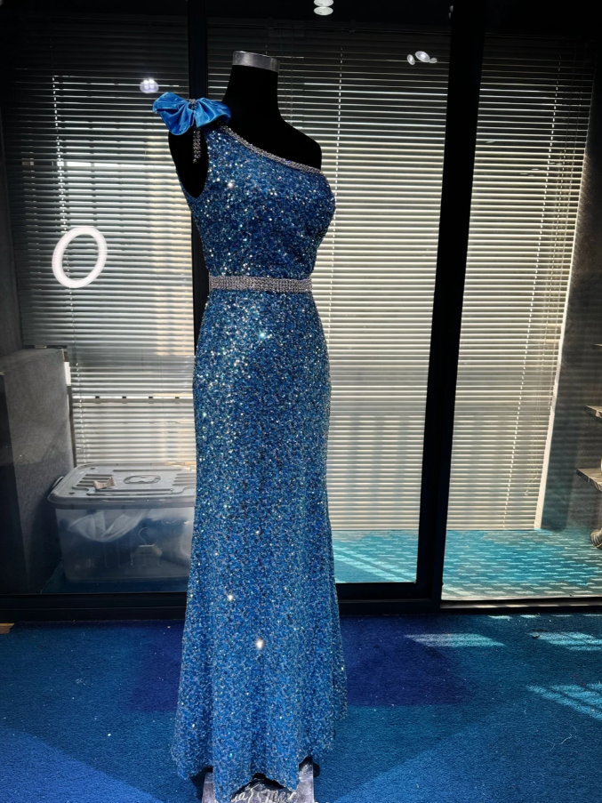 Gorgeous One Shoulder Blue Sequin Beaded Mermaid Long Party Dress 20th Birthday Outfits SP1956