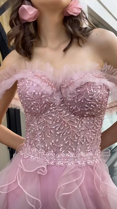 Elegant Off The Shoulder Tulle Ruffles Beaded Pink Long Party Dress Prom Gowns SP4275