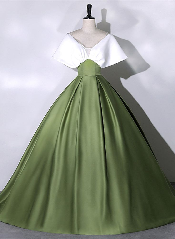 Green and White Satin Long Ball Gown Long Formal Dress Y7001