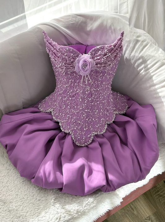 Glamorous Purple Strapless Satin Lace Beaded Short Homecoming Dress Birthday Dress SP3026