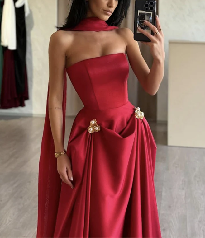 Charming A-Line Satin Burgundy Long Prom Dress, Strapless Evening Dress Y8046