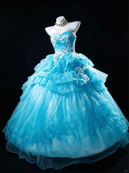 Charming Blue Strapless Tiered Ruffle Tulle Formal Ball Gown Crystal Lace Bodice Princess Quinceanera Dress & Sweet 16 Dress SP2730
