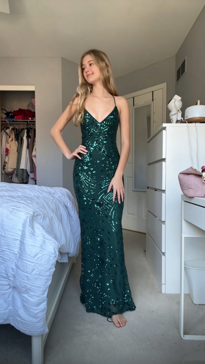 Elegant Spaghetti Straps Chiffon Sequin Floral Prom Dress Emerald Green Mermaid Long Party Dress SP4227