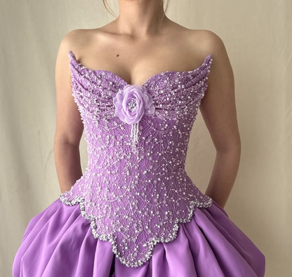 Glamorous Purple Strapless Satin Lace Beaded Short Homecoming Dress Birthday Dress SP3026