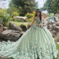 Luxury Green Princess Quinceanera Dresses Off Shoulder 3D Flowers Appliques Ball Gown Y4147