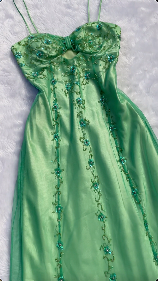 Elegant Green Tulle Beaded Long Prom Evening Dress Y8298