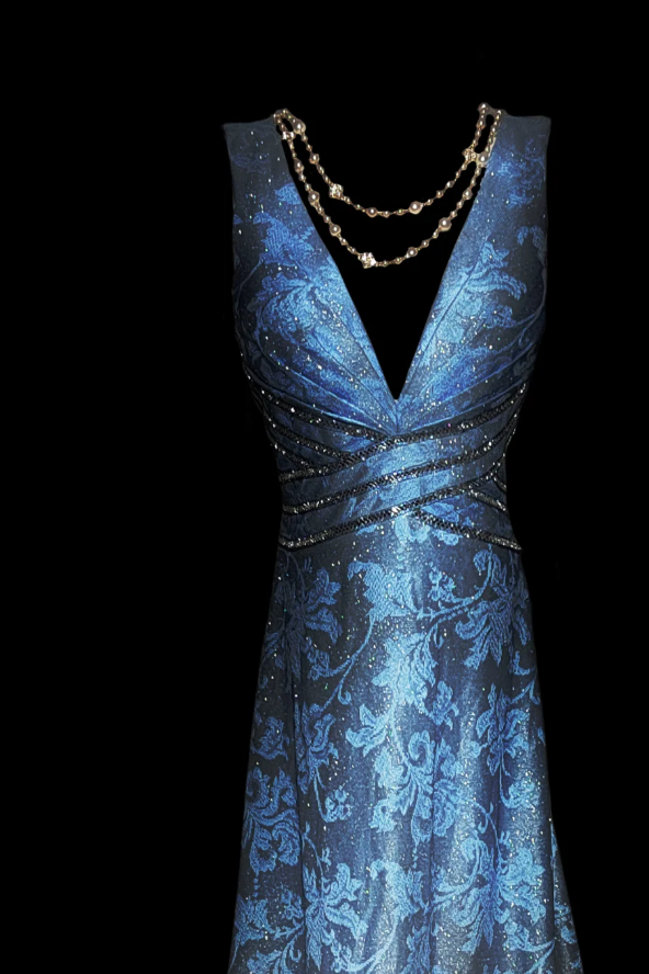 Unique Ombre Blue Deep V Satin Print Floral Beaded Mermaid Party Dress Long Prom Dress SP512