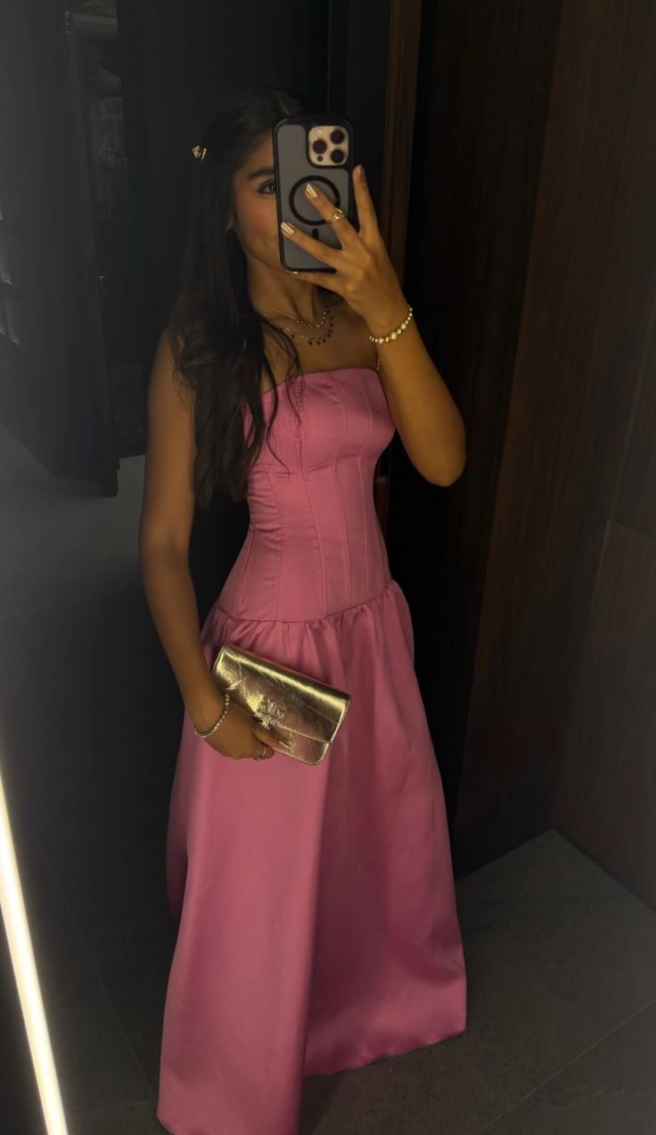 Elegant Strapless Satin Pink Long Party Dress Birthday Prom Dresses SP4138