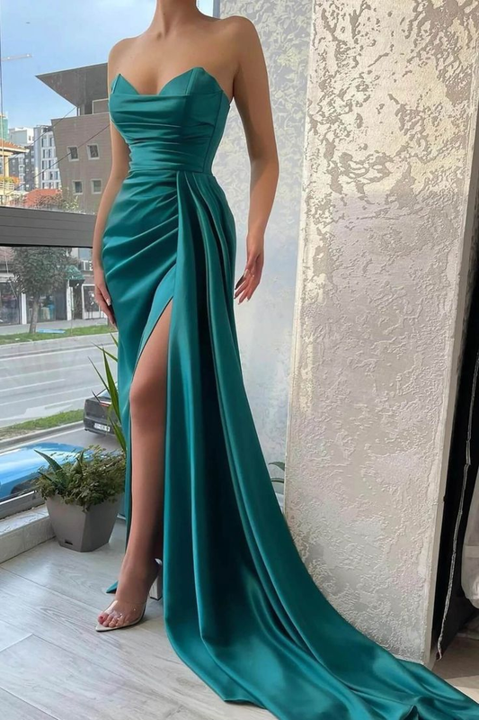High Side Slit Strapless Evening Dresses, Latest Long Prom Dresses, Sexy Party Dresses with Streamer Y5353