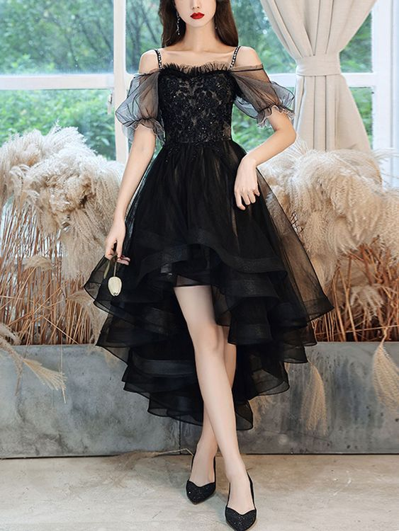 Black Sweetheart Tulle Lace High Low Prom Dress, Black Homecoming Dress Y5689