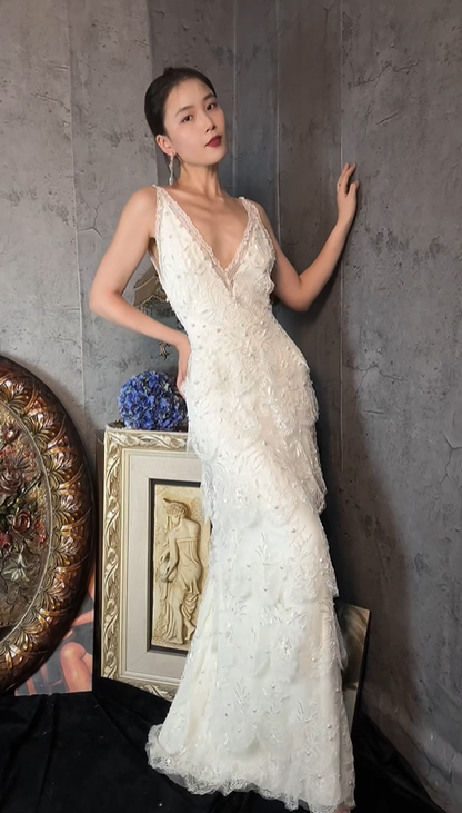 Pretty V Neck Sleeveless White Lace Beaded Layered Long Party Dress Formal Birthday Outfits SP1255