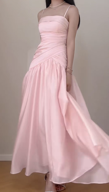 Classy Pink Spaghetti Straps Chiffon Pleated Mermaid Evening Dress Formal Wedding Guest Dress SP621