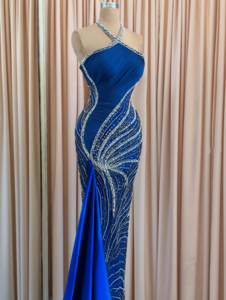 Gorgeous Blue Satin Beaded Sequin Mermaid Long Party Dress Halter Slit Long Prom Dresses SP4051