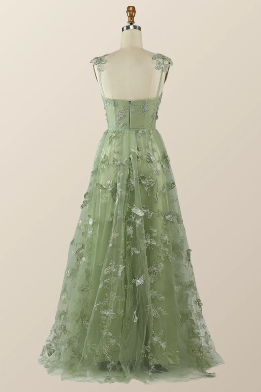 Sage Green Butterfly A-line Long Formal Dress Evening Dress  Y2801