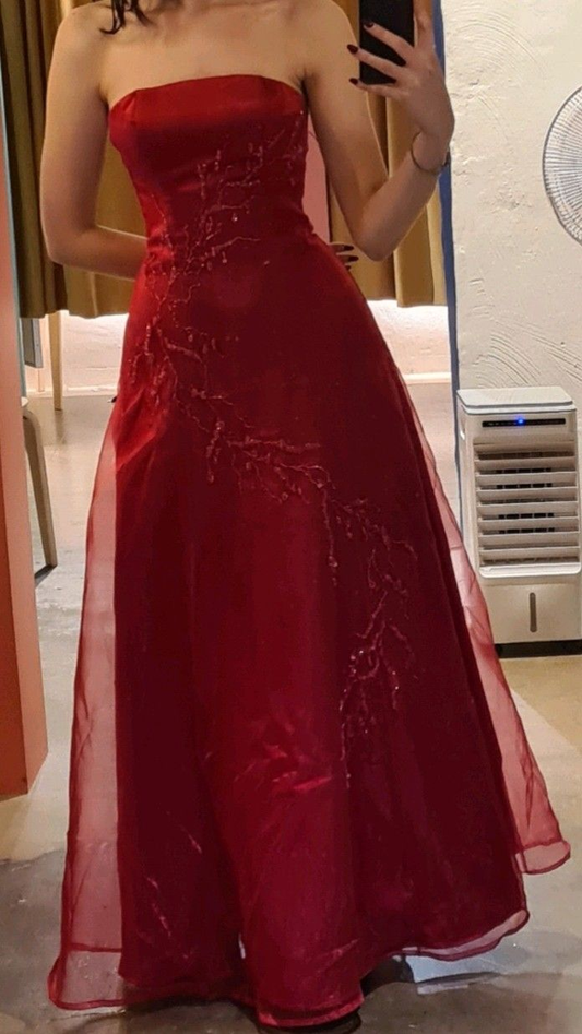 Chic Strapless Red Satin Tulle Beaded A Line Long  Party Dress Birthday Dress SP2211