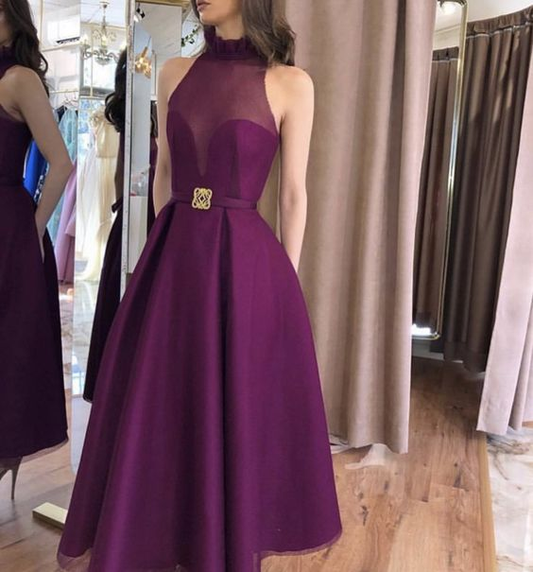 Purple A-line Sleeveless Prom Dress,Purple High Neck Evening Dress Y5859