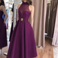 Purple A-line Sleeveless Prom Dress,Purple High Neck Evening Dress Y5859