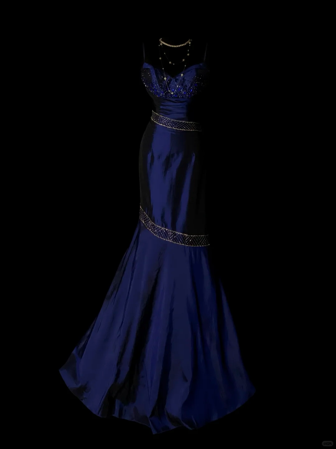 Gorgeous Spaghetti Straps Navy Blue Satin Beaded Mermaid Long Evening Dress Birthday Party Dress SP4075