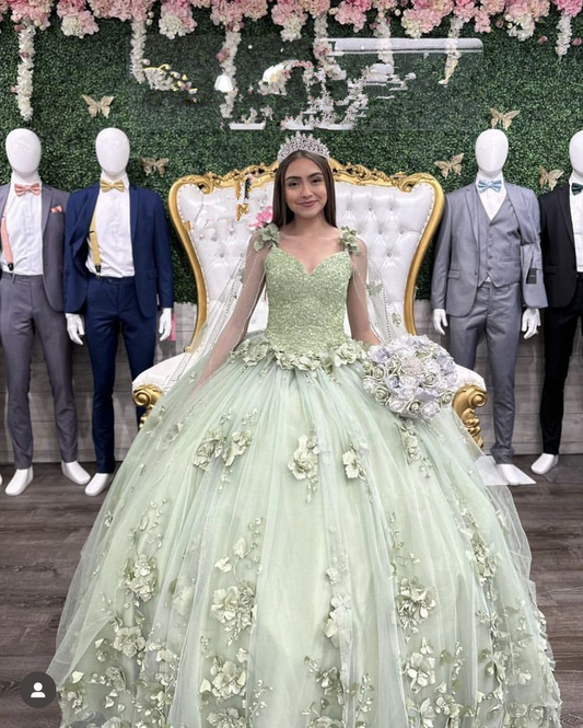 Charming Sage Green Ball Gown,Sweet 16 Dress,3D Flowers Princess Dress Y2321