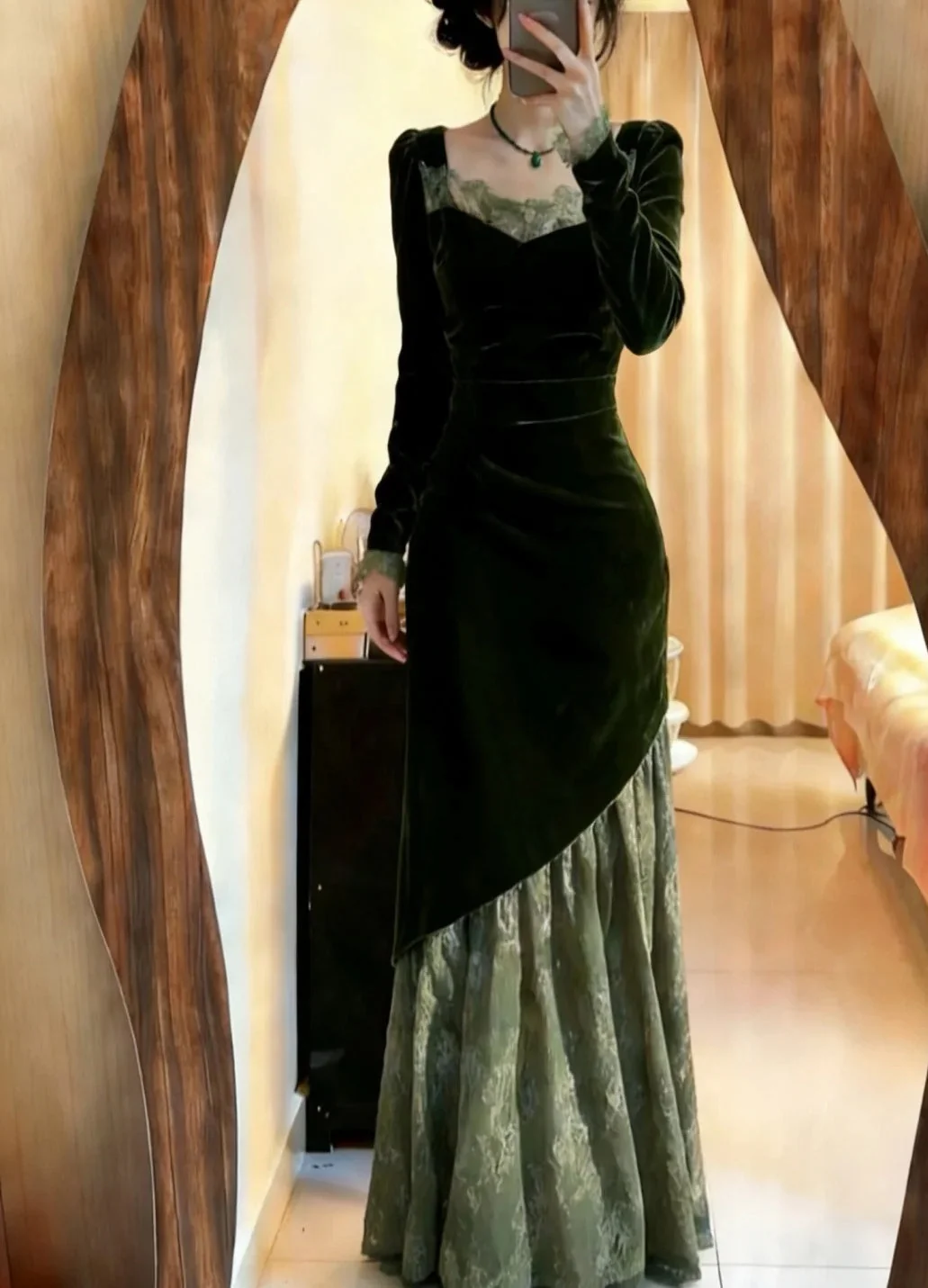 Elegant Olive Green Velvet Satin Print Floral Pleated Mermaid Long Prom Dress Birthday Party Dress SP3868