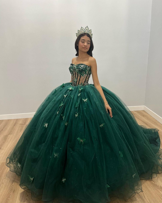 Green Tulle Ball Gown With Butterflies,Sweet 16 Dress, Green Quinceanera Dress Y2344