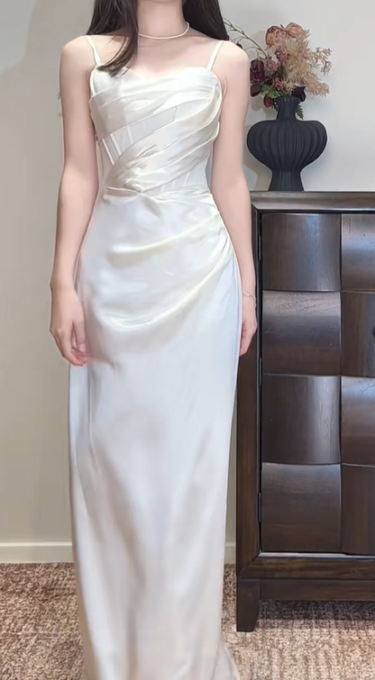 Simple Spaghetti Straps Ivory White Satin Pleated Long Bridesmaid Dress Wedding Guest Dress SP424