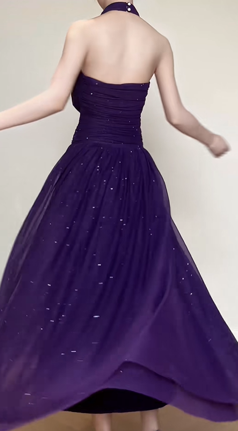 Shiny Halter Purple Tulle Sequin A Line Long Birthday Outfits Backless Evening Dress SP622