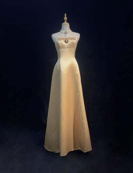 Fashion Strapless Gold Satin A Line Long Evening Dress Formal Wedding Guest Dress SP1781