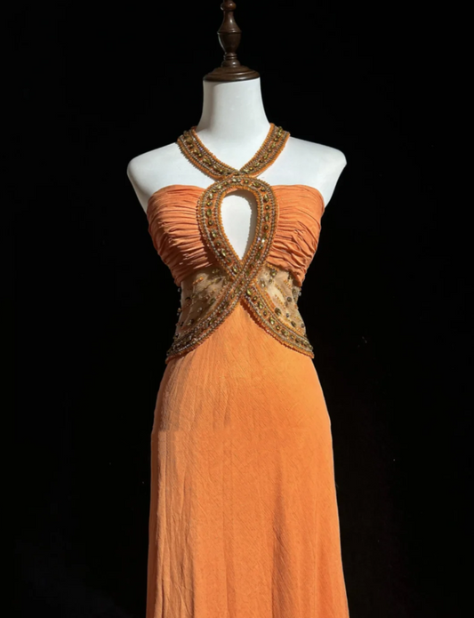 Unique Orange Halter Chiffon Beaded Mermaid Long Evening Dress Birthday Outfits SP1799
