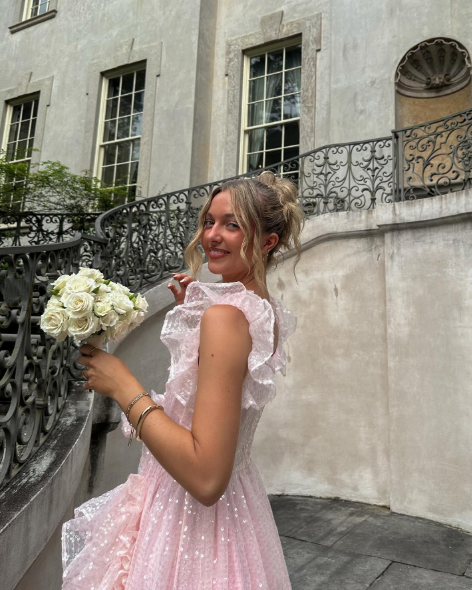 Gorgeous V Neck Pink Tulle Sequin Ruffle Long Wedding Guest Dress Birthday Party Dress SP1083