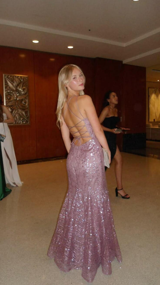 Sparkly Pink Spaghetti Straps Tulle Sequin Mermaid Party Dress Long Wedding Guest Dress SP2665