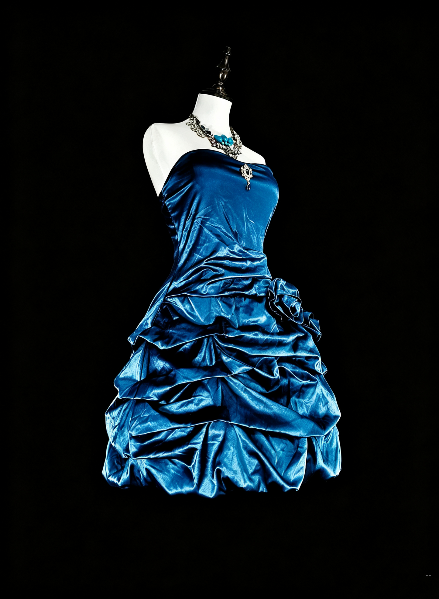 Classy Blue Satin Ruched Rose Floral A Line Short 7th Grade Homecoming Dress,Strapless Mini Birthday Dress SP3388
