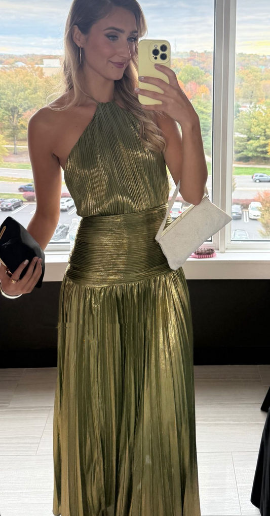 Sexy Halter Green Satin Pleated Long Party Dress Wedding Guest Dress SP893