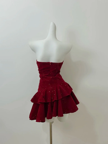 Charming Burgundy Strapless Velvet Layered Short 21th Birthday Outfits Formal Graduation Homecoming Dress Y9955