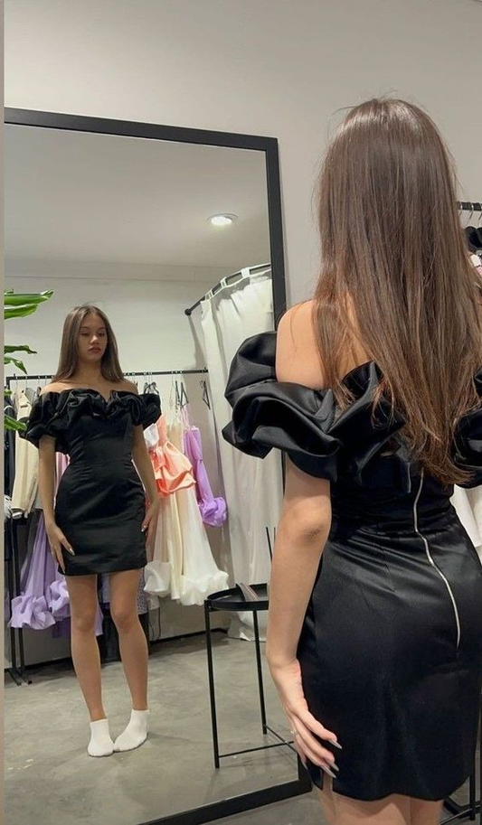 Fashion Black Satin Ruffle Bodycon Dress Homecoming Dress Y6253