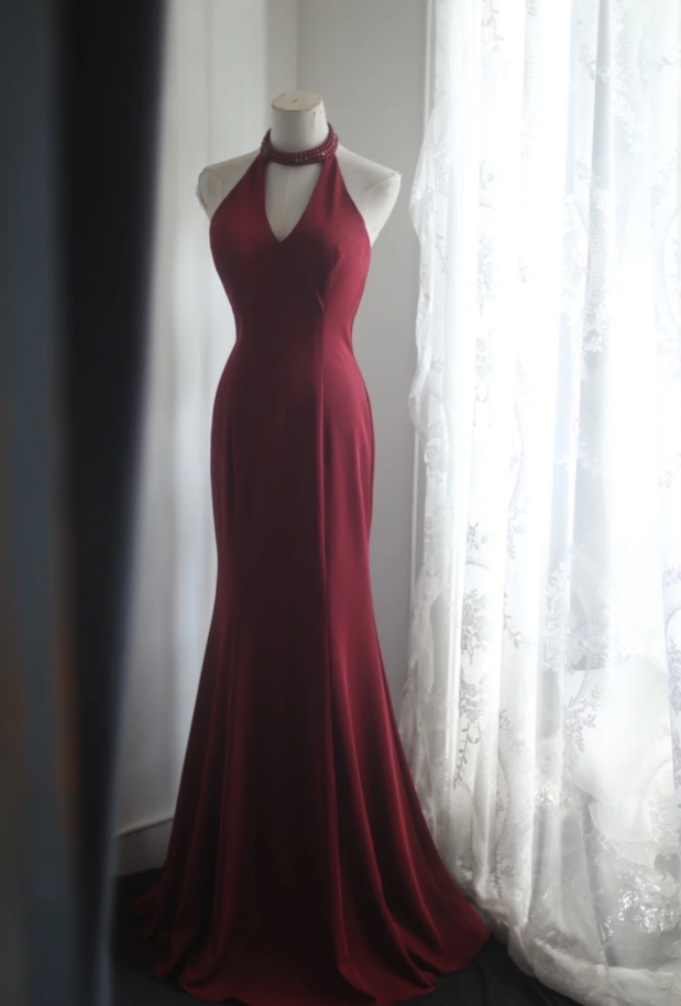 Pretty Halter Red Satin Beaded Mermaid Evening Dress Long Wedding Guest Dress SP1249