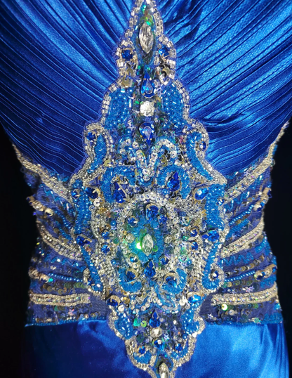 Gorgeous Royal Blue Spaghetti Straps Satin Pleated Sequin Beaded Mermaid Prom Dress Backless Long Party Dress SP443