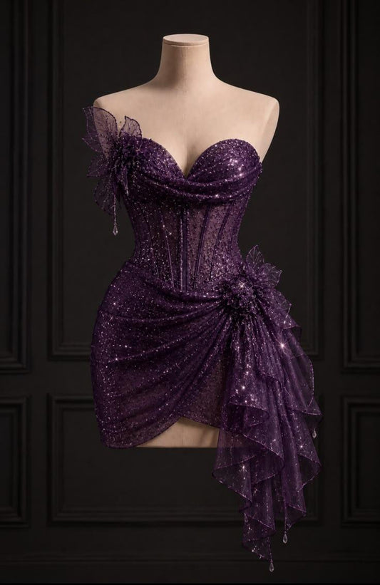 Sexy Purple Tulle Beaded Short 9th Grade Homecoming Dress,Strapless Sheath Short Prom Dress With Floral SP3144