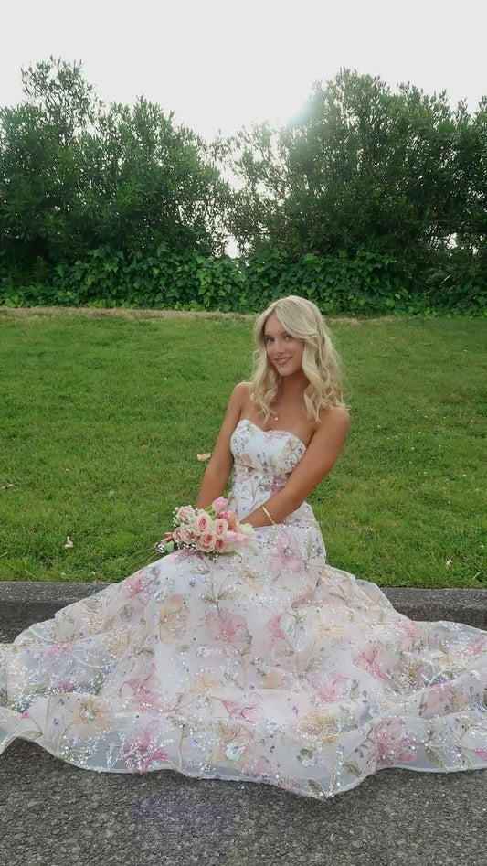 Elegant Strapless Tulle Sequin Floral Long Prom Dress Party Dress SP2659