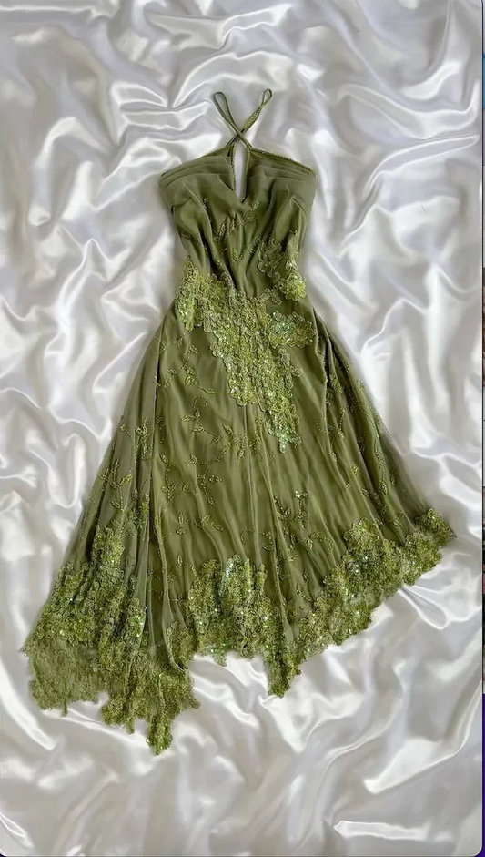 Classy Green Chiffon Lace Appliques Beaded Mermaid Evening Dress Long Birthday Prom Gowns SP1805