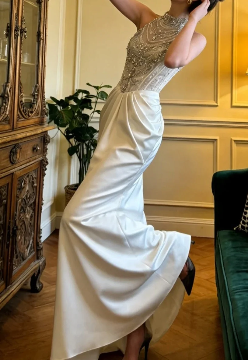 Gorgeous Satin Beading Pleated Birthday Party Dress White Mermaid Long Prom Dress SP3863